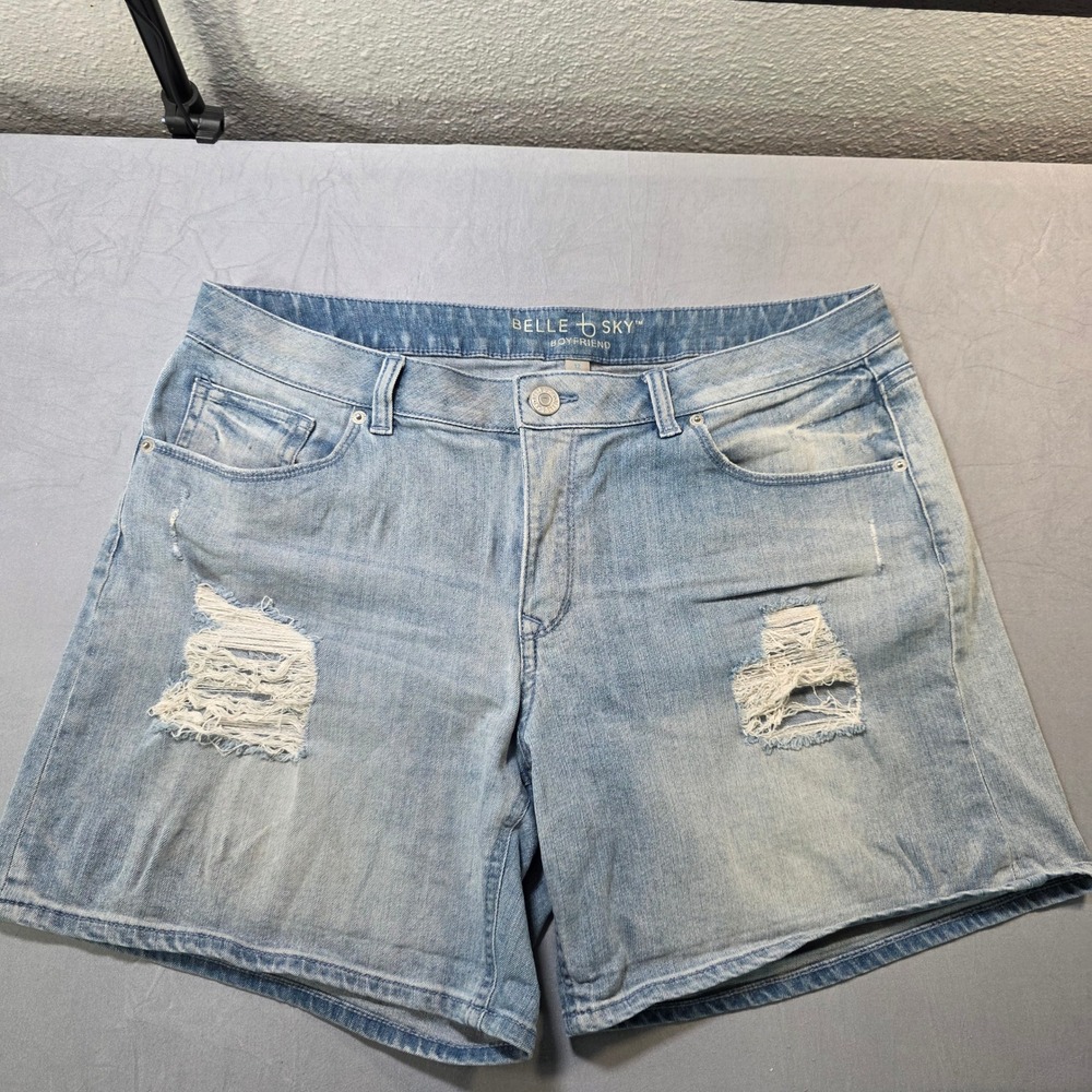 Belle Sky Womens Light Wash Distressed Boyfriend Denim‎ Shorts Size 12 Blue*